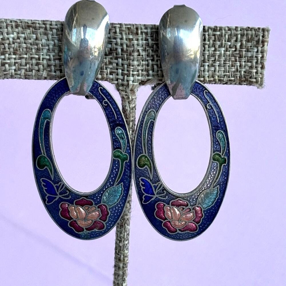 VINTAGE Cloisonné Enamel Floral Door Knocker  Earrings